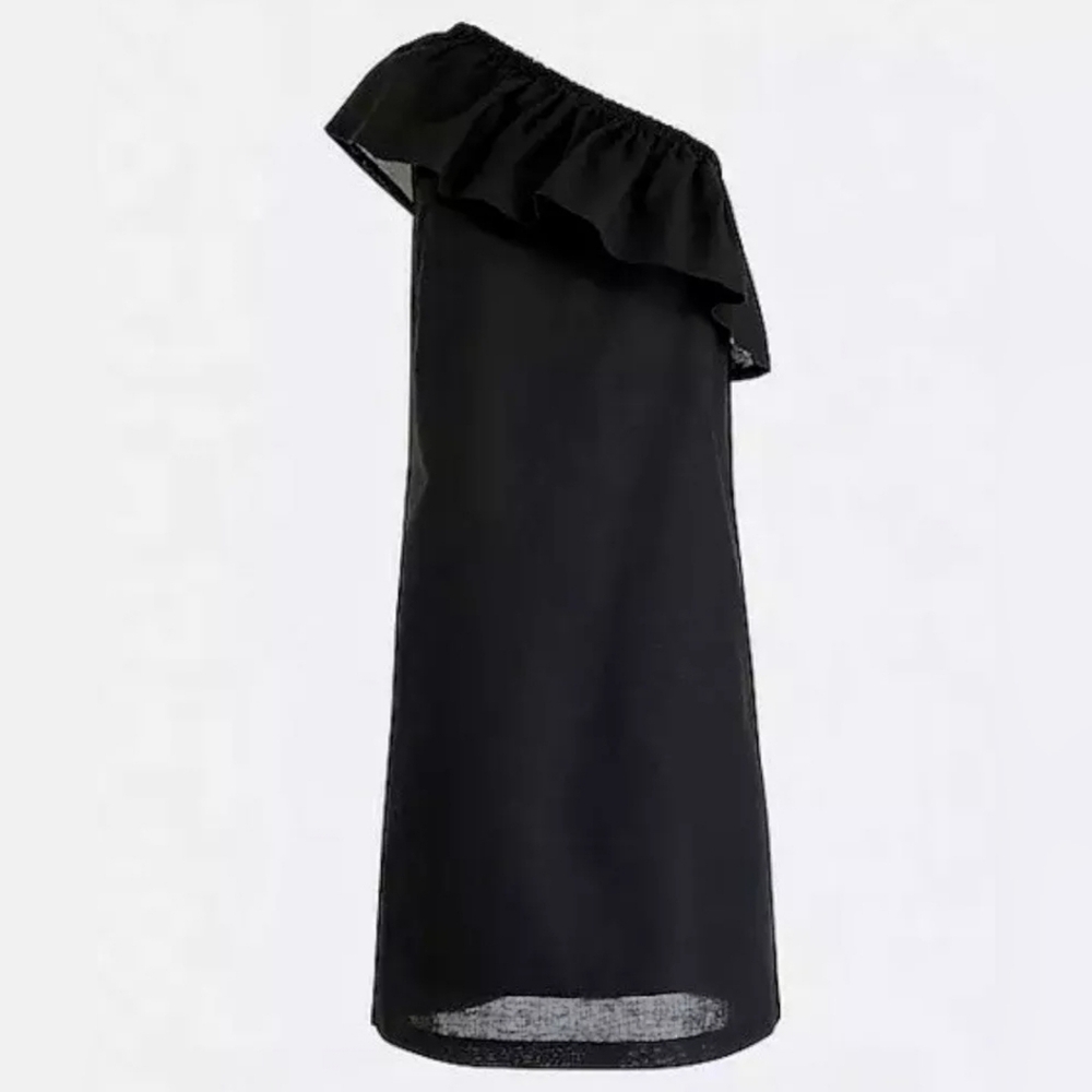 J.Crew Elegant Black linen blend ruffle One-Shoulder Dress size S